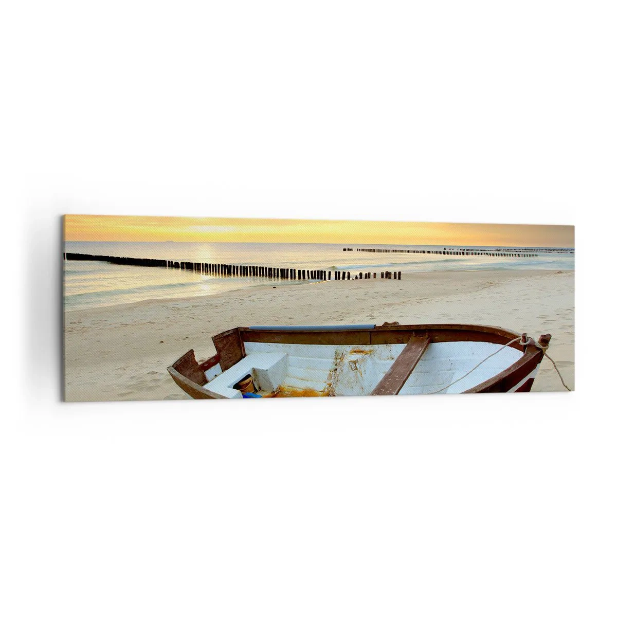 Cuadro sobre lienzo - Impresión de Imagen - Un barco en una playa de arena al atardecer. - 160x50cm - No hay playas más bonitas - Decoración de pared moderna para salón y dormitorio ARTTOR