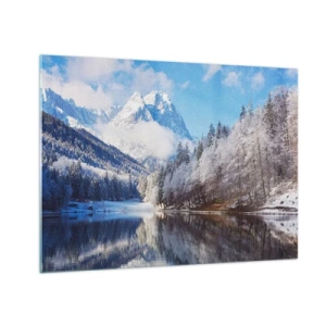 Cuadro sobre vidrio - Impresiones sobre Vidrio - Paisaje invernal con montañas y un lago congelado. - 70x50cm - Guardia de nieve - Decoración de pared moderna para salón y dormitorio ARTTOR