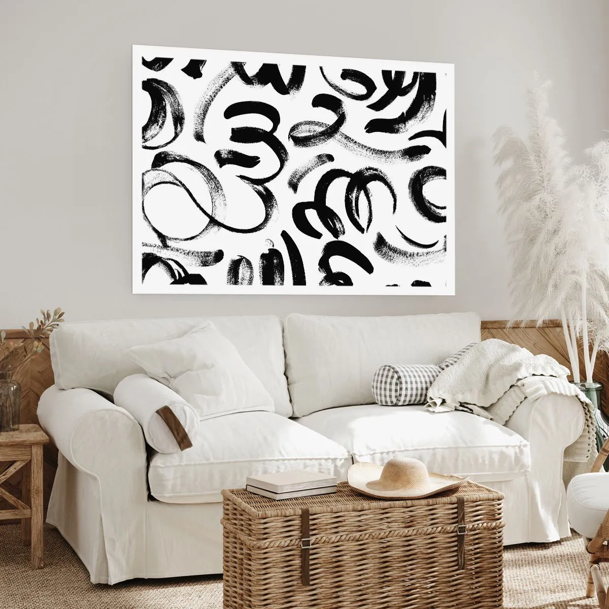 Póster - Pinceladas abstractas negras sobre fondo blanco - 100x70cm - Negro sobre blanco - Decoración de pared moderna para salón y dormitorio ARTTOR