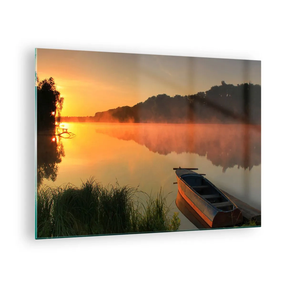 Cuadro sobre vidrio - Impresiones sobre Vidrio - Amanecer sobre un lago tranquilo con un barco en la orilla - 70x50cm - Amanecer sobre el agua como la superficie de un espejo - Decoración de pared moderna para salón y dormitorio ARTTOR
