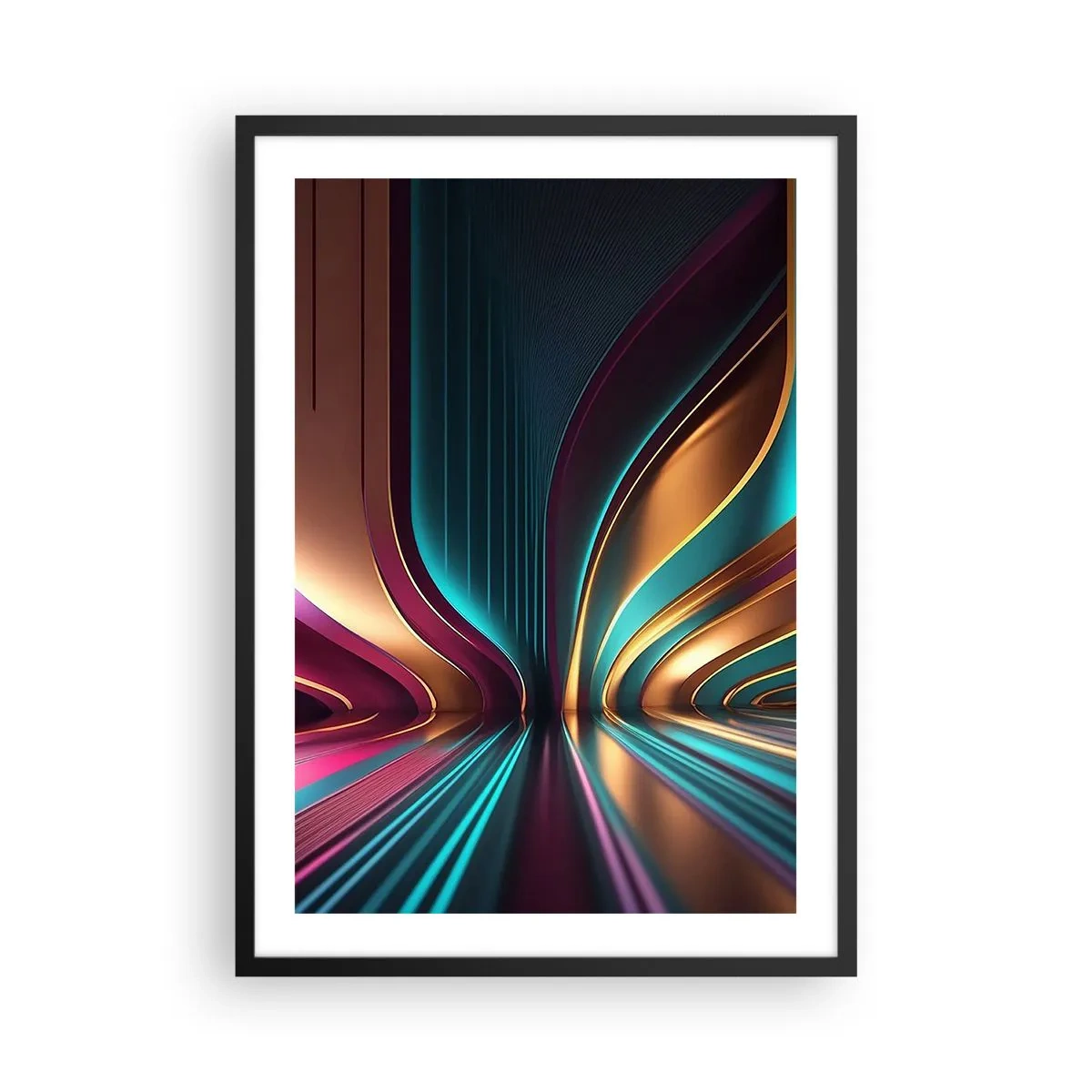 Póster en marco negro - Abstracción futurista en colores dorado y turquesa. - 50x70cm - Arquitectura de la luz - Decoración de pared moderna para salón y dormitorio ARTTOR