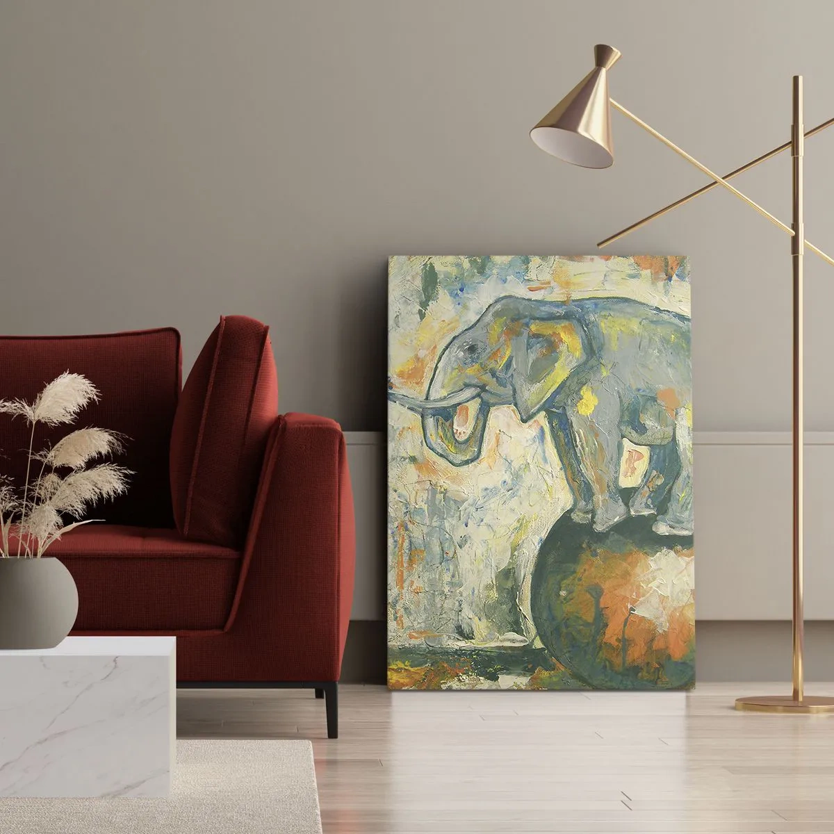 Cuadro sobre lienzo - Impresión de Imagen - Un elefante haciendo equilibrio sobre una pelota en un estilo artístico. - 50x70cm - ¡Viva el circo! - Decoración de pared moderna para salón y dormitorio ARTTOR