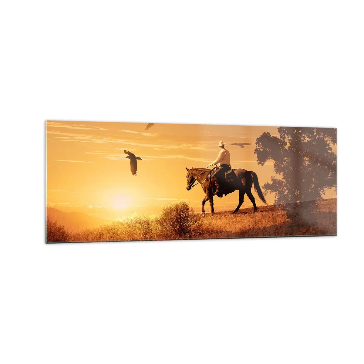 Cuadro sobre vidrio - Impresiones sobre Vidrio - Un jinete a caballo al atardecer contra la pradera. - 140x50cm - Solo a través de la pradera - Decoración de pared moderna para salón y dormitorio ARTTOR
