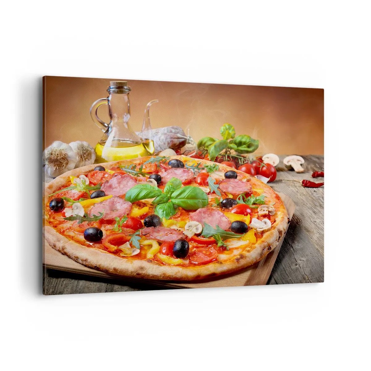 Cuadro sobre lienzo - Impresión de Imagen - Deliciosa pizza en una mesa de madera con ingredientes. - 100x70cm - Con un verdadero sabor italiano - Decoración de pared moderna para salón y dormitorio ARTTOR