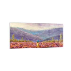 Cuadro sobre vidrio - Impresiones sobre Vidrio - Una mujer con sombrero caminando por un campo de lavanda. - 120x50cm - En un mundo de lavanda - Decoración de pared moderna para salón y dormitorio ARTTOR