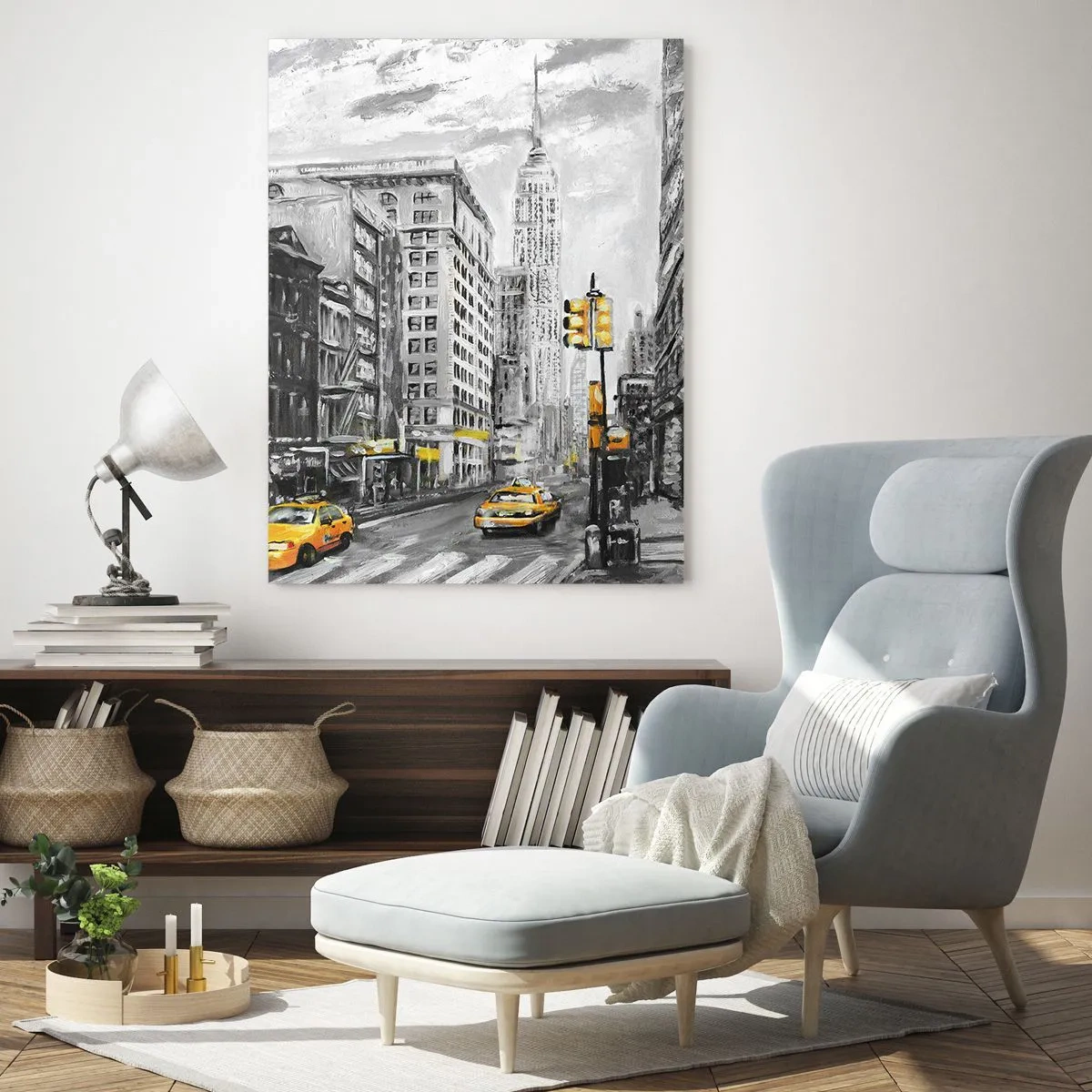 Cuadro sobre vidrio - Impresiones sobre Vidrio - Calle de Nueva York con acentos amarillos - 80x120cm - Una de las muchas historias de la gran manzana - Decoración de pared moderna para salón y dormitorio ARTTOR