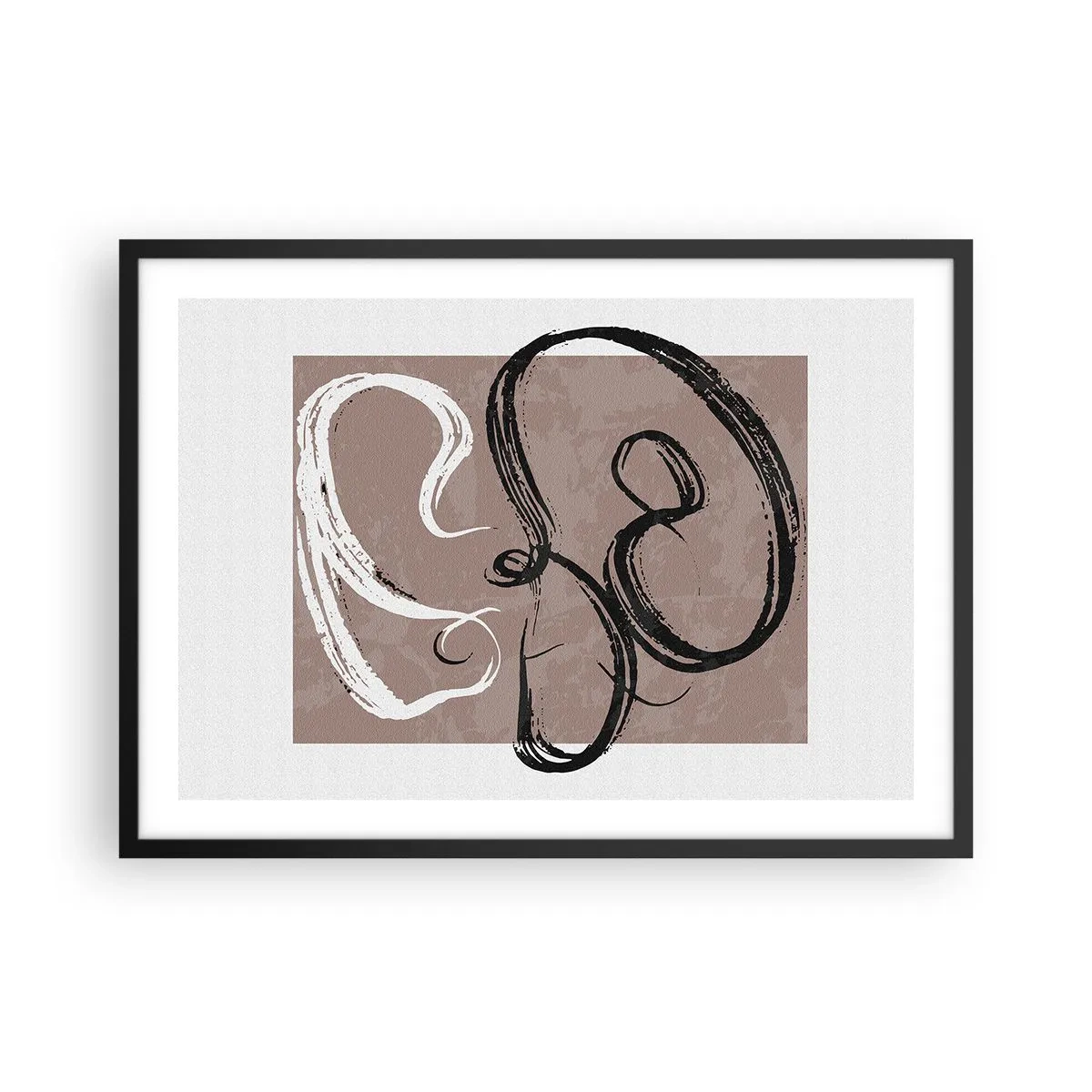 Póster en marco negro - Abstracción en blanco y negro sobre fondo beige. - 70x50cm - Composición: la búsqueda de la plenitud - Decoración de pared moderna para salón y dormitorio ARTTOR