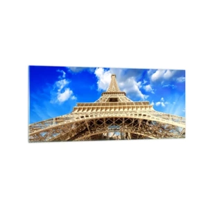 Cuadro sobre vidrio - Impresiones sobre Vidrio - La Torre Eiffel desde abajo contra un cielo azul - 120x50cm - Alcanzando el cielo y las nubes - Decoración de pared moderna para salón y dormitorio ARTTOR