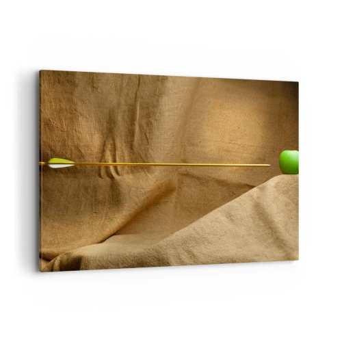 Cuadro sobre lienzo - Impresión de Imagen - Manzana verde sobre tela con una flecha creando una composición - 100x70cm - Evocar el espíritu de Wilhelm Tell - Decoración de pared moderna para salón y dormitorio ARTTOR