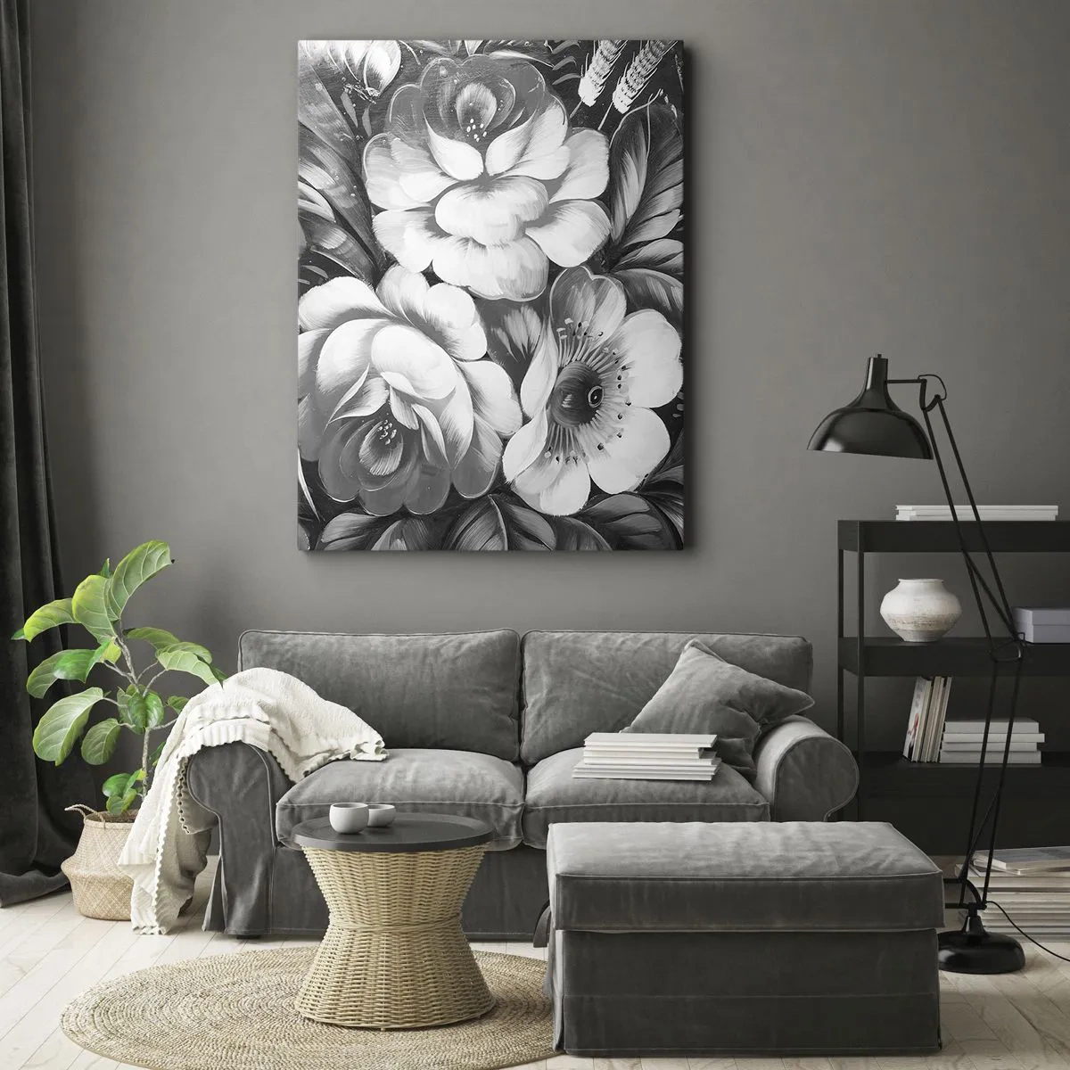 Cuadro sobre lienzo - Impresión de Imagen - Flores en blanco y negro en una composición clásica y elegante. - 50x70cm - Hermoso incluso en el gris - Decoración de pared moderna para salón y dormitorio ARTTOR