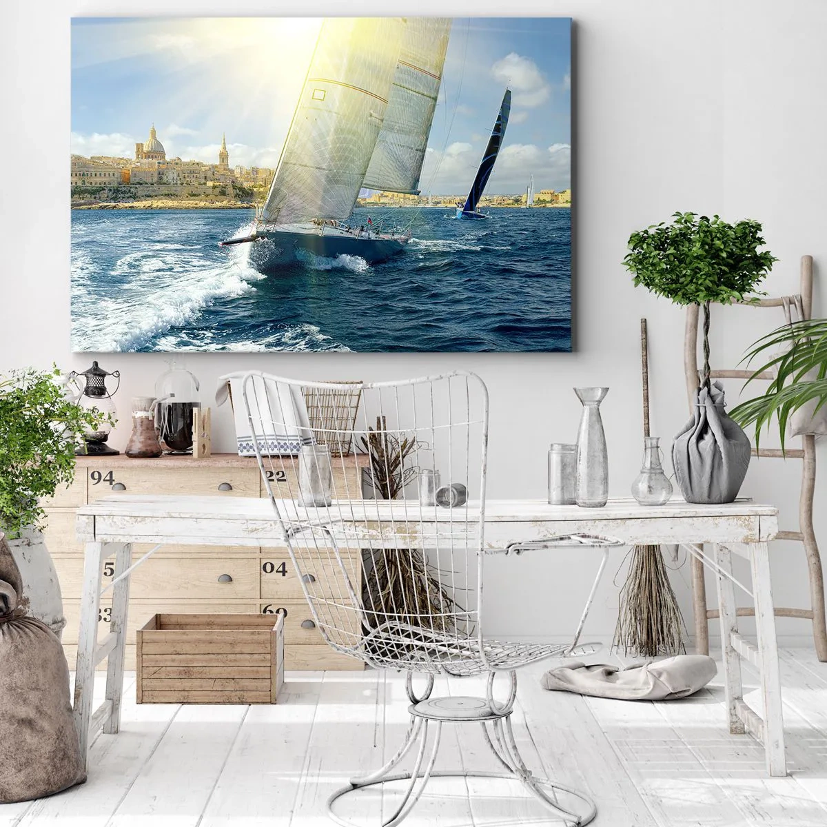 Cuadro sobre lienzo - Impresión de Imagen - Regata con el telón de fondo de una costa soleada - 100x70cm - Hora de abandonar la ciudad - Decoración de pared moderna para salón y dormitorio ARTTOR