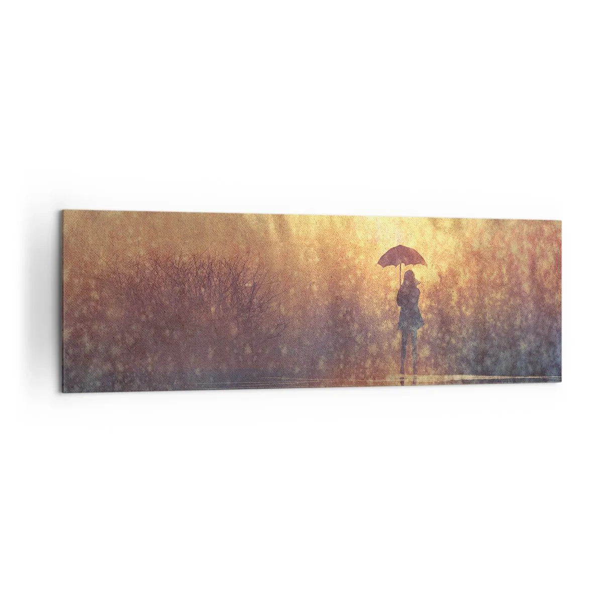 Cuadro sobre lienzo - Impresión de Imagen - Una figura con un paraguas en un paisaje brumoso lleno de reflejos. - 160x50cm - Siento que alguien me mira - Decoración de pared moderna para salón y dormitorio ARTTOR