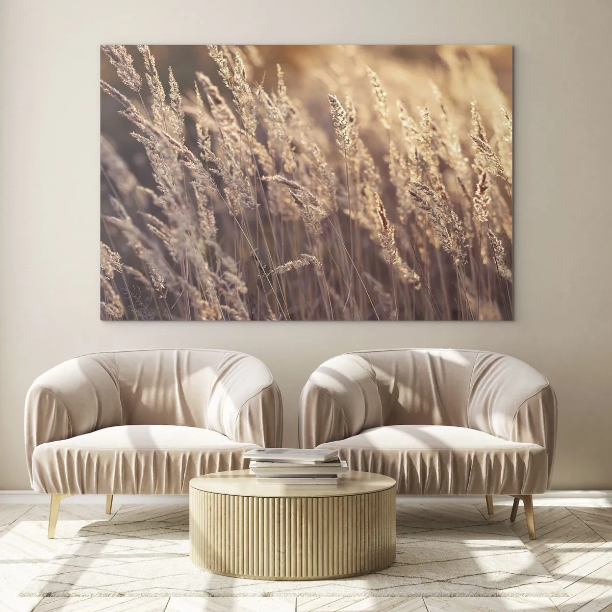 Cuadro sobre vidrio - Impresiones sobre Vidrio - Hierbas doradas iluminadas por los rayos del sol poniente - 120x80cm - Listos para dar la bienvenida al otoño - Decoración de pared moderna para salón y dormitorio ARTTOR