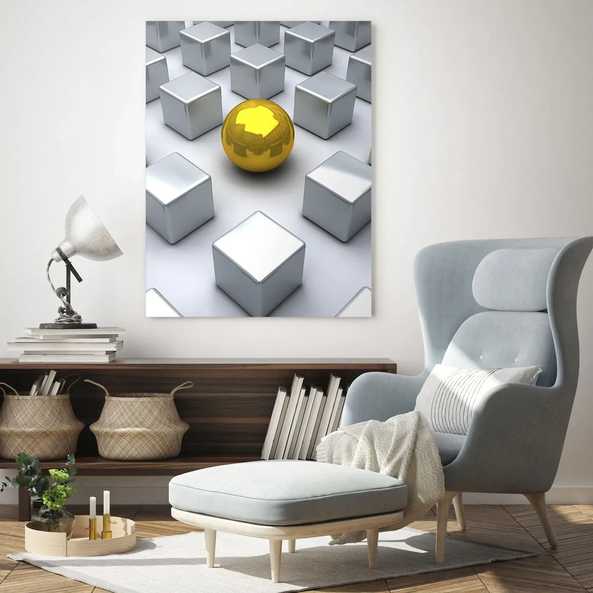 Cuadro sobre vidrio - Impresiones sobre Vidrio - Una esfera dorada que destaca entre los cubos plateados. - 80x120cm - ¿Por qué yo? Composición geométrica - Decoración de pared moderna para salón y dormitorio ARTTOR