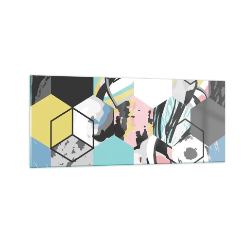 Cuadro sobre vidrio - Impresiones sobre Vidrio - Hexágonos y cubos en seis colores - 100x40 cm