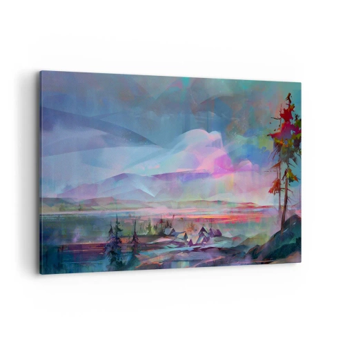 Cuadro sobre lienzo - Impresión de Imagen - Paisaje de montaña con un cielo colorido y un pueblo. - 100x70cm - Bajo un cielo benévolo - Decoración de pared moderna para salón y dormitorio ARTTOR