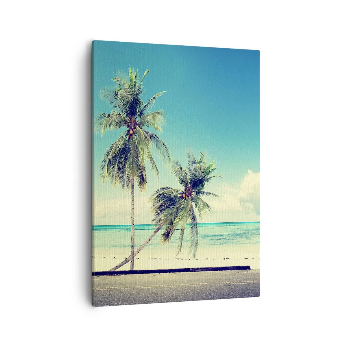 Cuadro sobre lienzo - Impresión de Imagen - Una camioneta rosa con una tabla de surf frente a una playa tropical. - 50x70cm - Comienzan las vacaciones - Decoración de pared moderna para salón y dormitorio ARTTOR