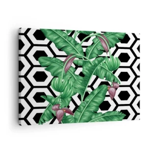 Cuadro sobre lienzo - Impresión de Imagen - Hojas tropicales sobre un fondo geométrico. - 70x50cm - Composición simétrica de la naturaleza - Decoración de pared moderna para salón y dormitorio ARTTOR