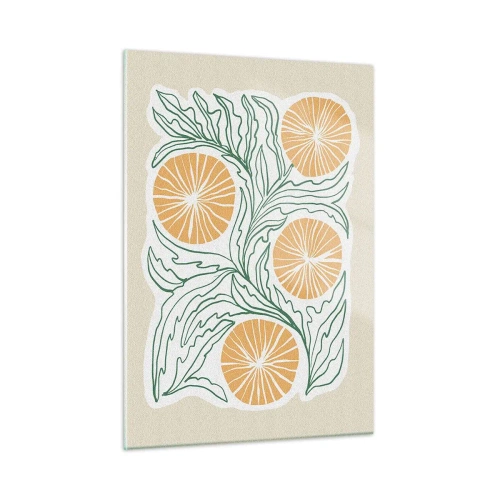Cuadro sobre vidrio - Impresiones sobre Vidrio - Frutos anaranjados y hojas verdes en una composición gráfica. - 50x70cm - Étnico con un toque de abstracción - Decoración de pared moderna para salón y dormitorio ARTTOR