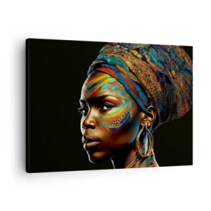 Cuadro sobre lienzo - Impresión de Imagen - Retrato de una mujer con un patrón colorido y un turbante. - 70x50cm - Reina africana - Decoración de pared moderna para salón y dormitorio ARTTOR