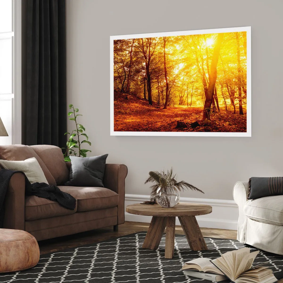Póster - Claro de otoño bajo la luz dorada del sol con un sendero forestal - 100x70cm - Hacia un claro de oro - Decoración de pared moderna para salón y dormitorio ARTTOR