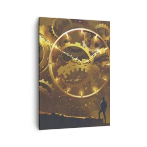 Cuadro sobre lienzo - Impresión de Imagen - Engranajes dorados en un entorno surrealista con una figura - 50x70cm - En la fuente del tiempo - Decoración de pared moderna para salón y dormitorio ARTTOR