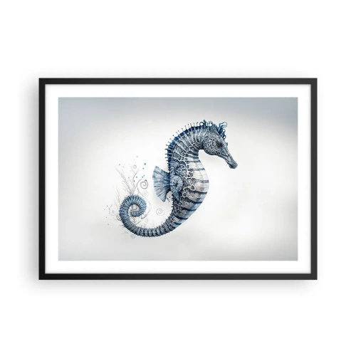 Póster en marco negro - Caballito de mar en tonos azules con detalles de acuarela - 70x50cm - Una sutil broma de la naturaleza - Decoración de pared moderna para salón y dormitorio ARTTOR