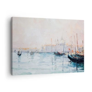 Cuadro sobre lienzo - Impresión de Imagen - Vista pintoresca de los canales con barcos de colores pastel. - 70x50cm - Más allá del agua, más allá de la niebla - Decoración de pared moderna para salón y dormitorio ARTTOR