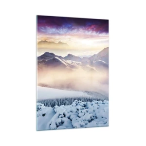 Cuadro sobre vidrio - Impresiones sobre Vidrio - Paisaje invernal de montaña con puesta de sol y niebla - 50x70cm - La fuerza y la pureza de la naturaleza - Decoración de pared moderna para salón y dormitorio ARTTOR
