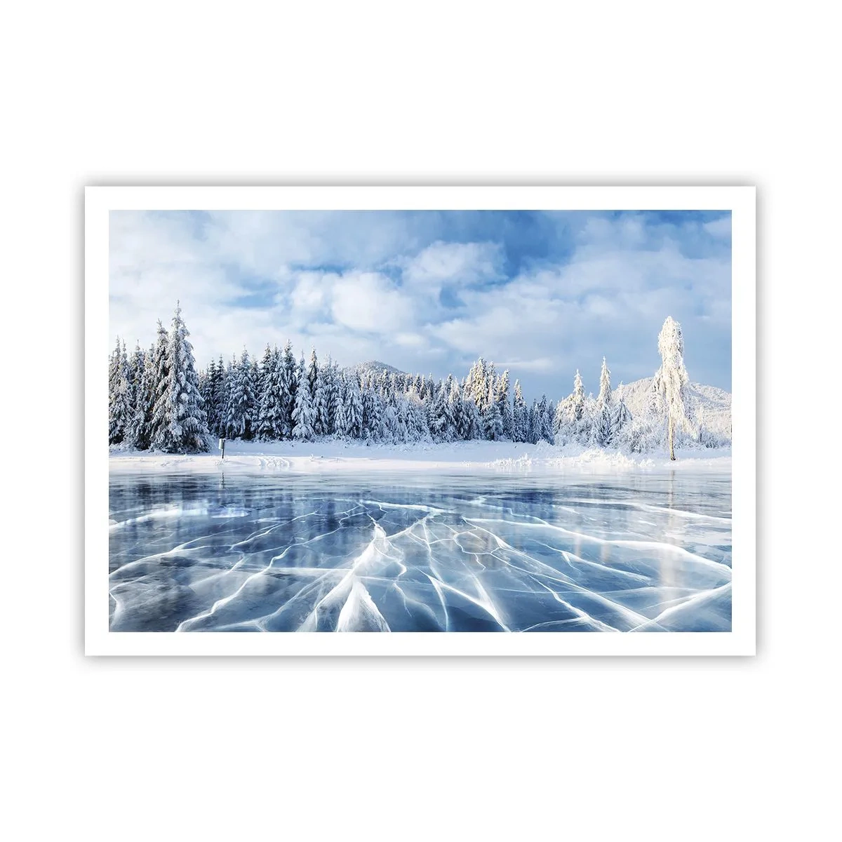 Póster - Un lago congelado rodeado de un bosque cubierto de nieve. - 100x70cm - Vista deslumbrante y cristalina - Decoración de pared moderna para salón y dormitorio ARTTOR