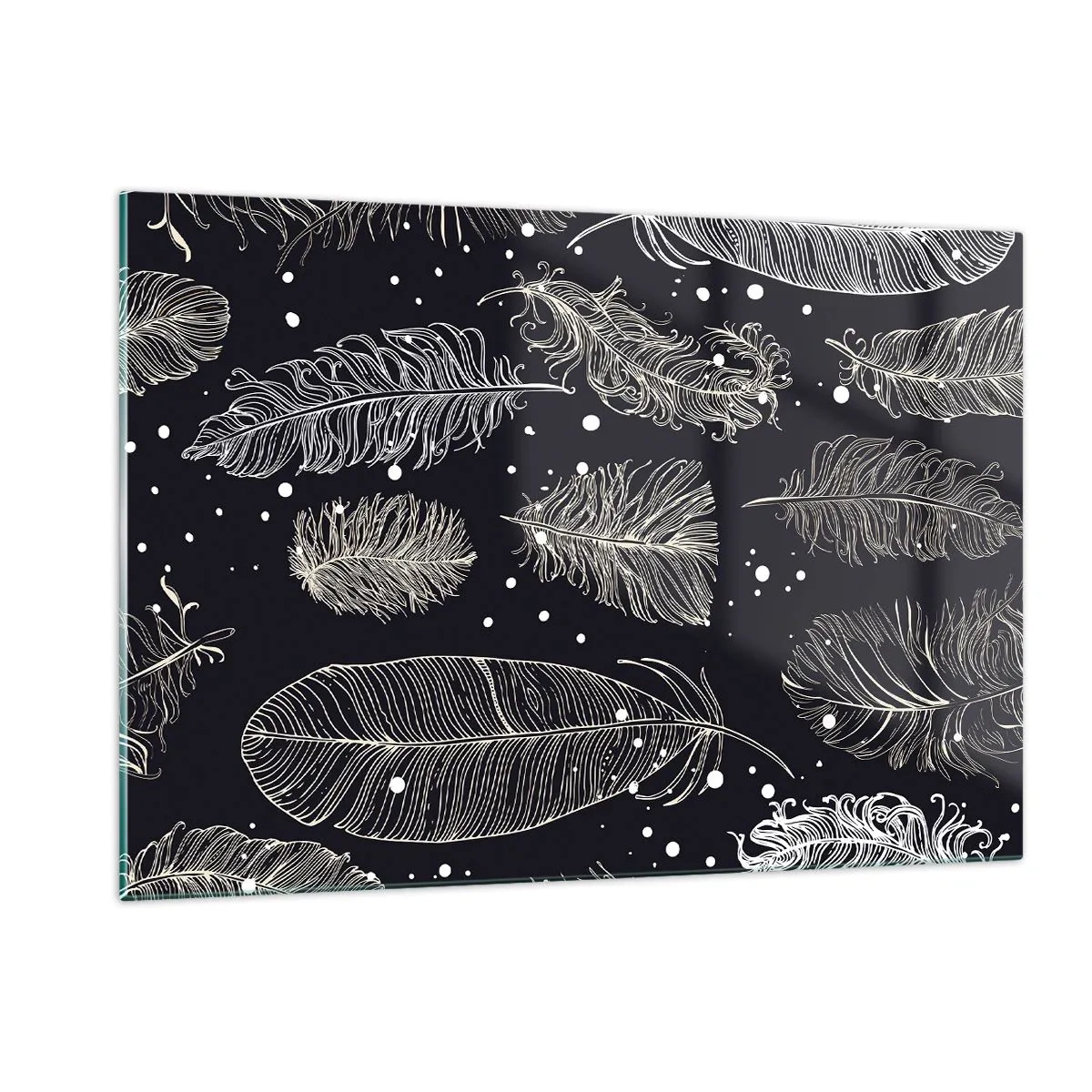 Cuadro sobre vidrio - Impresiones sobre Vidrio - Plumas blancas sobre fondo negro con detalles sutiles. - 120x80cm - Encaje de plumas - Decoración de pared moderna para salón y dormitorio ARTTOR