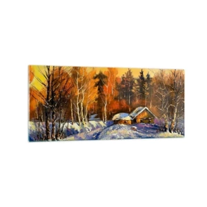Cuadro sobre vidrio - Impresiones sobre Vidrio - Paisaje invernal con una casa a la luz del sol poniente. - 120x50cm - Una impresión invernal al sol - Decoración de pared moderna para salón y dormitorio ARTTOR