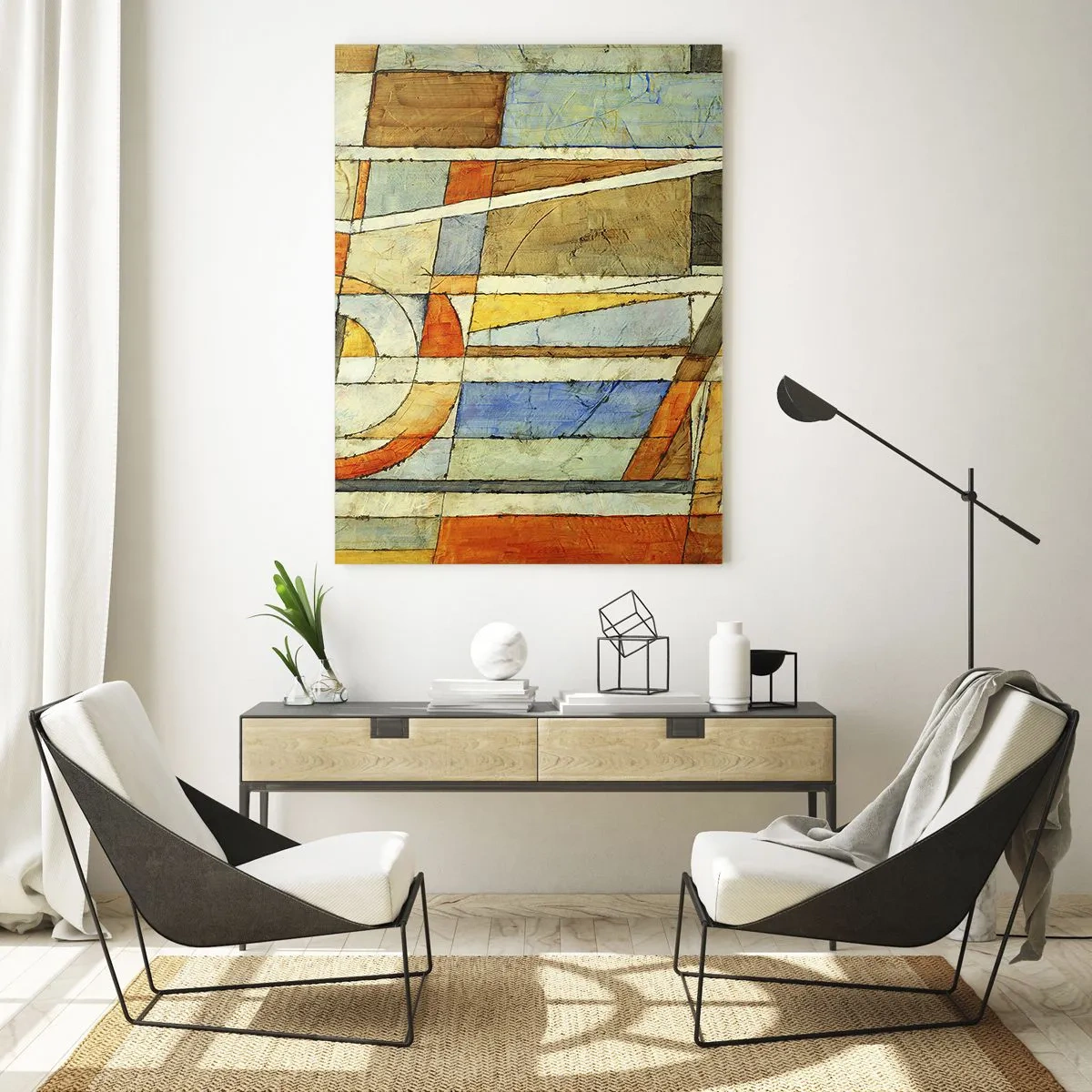 Cuadro sobre vidrio - Impresiones sobre Vidrio - Abstracción geométrica en tonos beige, azul y naranja. - 80x120cm - Cubismo en una obra - Decoración de pared moderna para salón y dormitorio ARTTOR