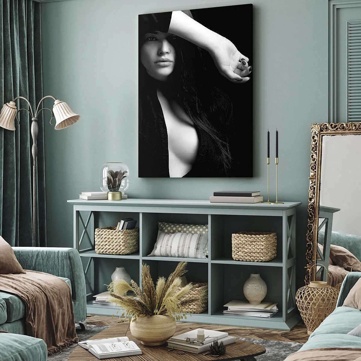 Cuadro sobre lienzo - Impresión de Imagen - Retrato elegante de una mujer en blanco y negro. - 50x70cm - Escuela de seducción - Decoración de pared moderna para salón y dormitorio ARTTOR
