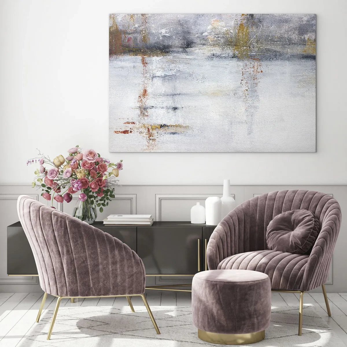 Cuadro sobre vidrio - Impresiones sobre Vidrio - Una pintura abstracta que presenta una sutil combinación de gris, blanco y dorado. - 70x50cm - Tras una cortina de aire - Decoración de pared moderna para salón y dormitorio ARTTOR