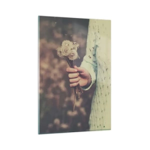 Cuadro sobre vidrio - Impresiones sobre Vidrio - Una mano sosteniendo dientes de león contra un fondo borroso de un campo lleno de flores. - 80x120cm - Deténgalos, por favor - Decoración de pared moderna para salón y dormitorio ARTTOR
