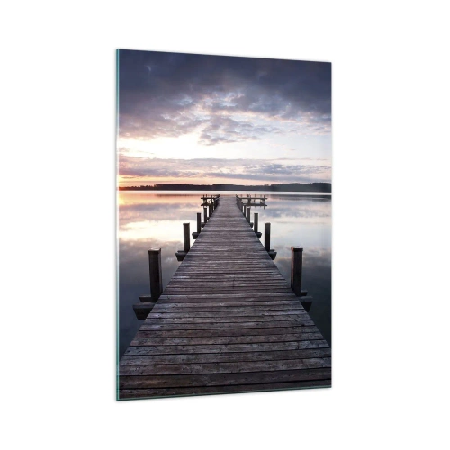 Cuadro sobre vidrio - Impresiones sobre Vidrio - Un muelle en un lago al atardecer en un paisaje tranquilo. - 70x100cm - Frontera silenciosa del día y la noche - Decoración de pared moderna para salón y dormitorio ARTTOR