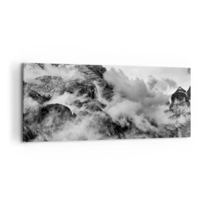 Cuadro sobre lienzo - Impresión de Imagen - Vista en blanco y negro de montañas rodeadas de nubes. - 120x50cm - Hermoso y cruel - Decoración de pared moderna para salón y dormitorio ARTTOR