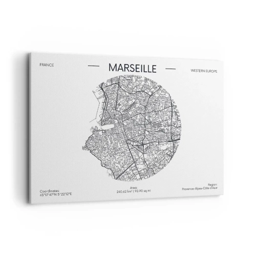 Cuadro sobre lienzo - Impresión de Imagen - Mapa de Marsella en estilo minimalista - 100x70cm - Anatomía de Marsella - Decoración de pared moderna para salón y dormitorio ARTTOR