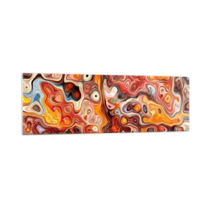 Cuadro sobre vidrio - Impresiones sobre Vidrio - Una composición abstracta en tonos cálidos de rojo, naranja y amarillo. - 160x50cm - Si las nueces se derritieran en la miel - Decoración de pared moderna para salón y dormitorio ARTTOR