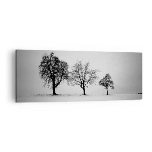 Cuadro sobre lienzo - Impresión de Imagen - Tres árboles en un campo nevado en estilo monocromático. - 140x50cm - ¿Con qué sueñan? - Decoración de pared moderna para salón y dormitorio ARTTOR