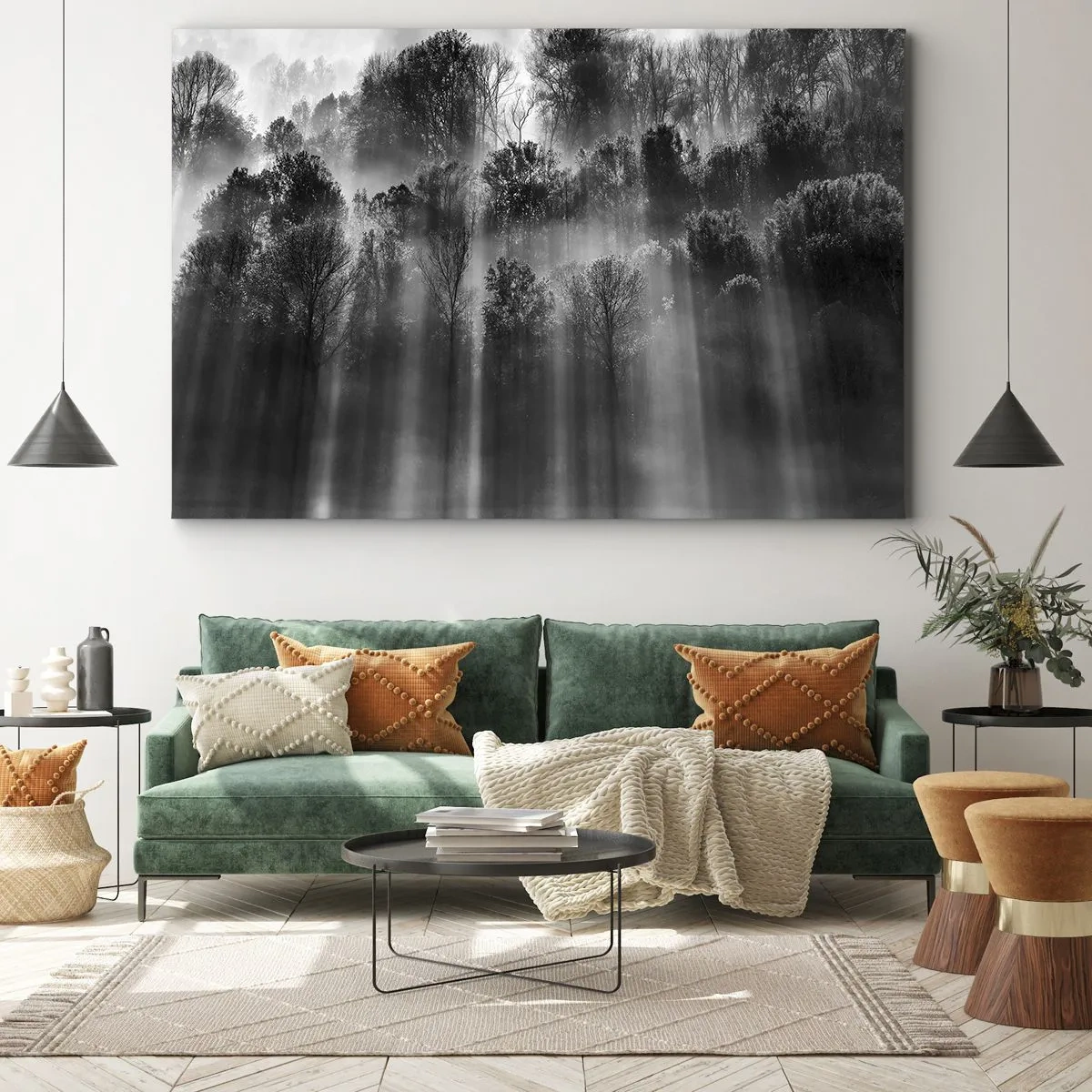 Cuadro sobre lienzo - Impresión de Imagen - Bosque blanco y negro a la luz de la mañana. - 120x80cm - En los flujos de luz - Decoración de pared moderna para salón y dormitorio ARTTOR