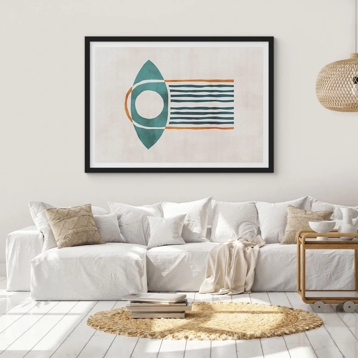 Póster en marco negro - Patrón geométrico en tonos verdes y naranjas. - 70x50cm - Signos y rituales - Decoración de pared moderna para salón y dormitorio ARTTOR