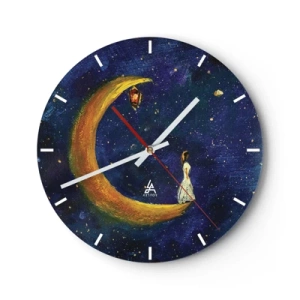 Reloj de pared - Reloj de vidrio - Una figura en la luna en un cielo nocturno de cuento de hadas con una linterna. - 30x30cm - La llamada de la Luna - Decoración de pared moderna para salón, cocina y dormitorio ARTTOR