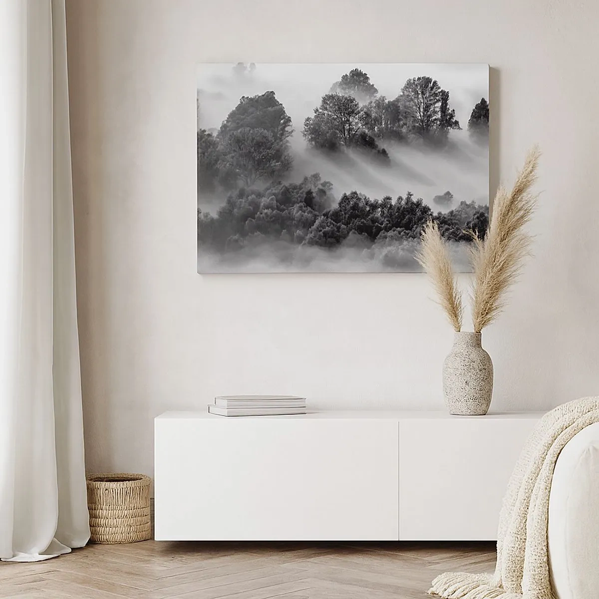 Cuadro sobre lienzo - Impresión de Imagen - Paisaje forestal en blanco y negro en la niebla matutina - 70x50cm - Levantarse del sueño - Decoración de pared moderna para salón y dormitorio ARTTOR