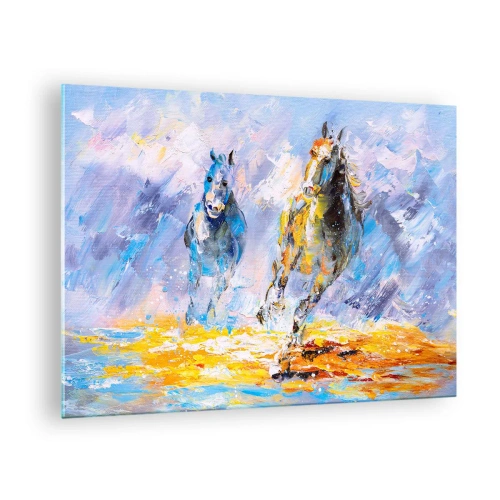 Cuadro sobre vidrio - Impresiones sobre Vidrio - Dos caballos galopando a través del agua en un estilo artístico. - 70x50cm - Galopando a través del resplandor - Decoración de pared moderna para salón y dormitorio ARTTOR