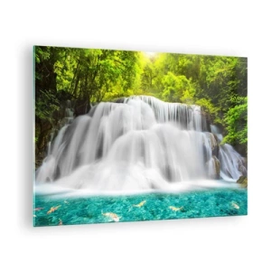 Cuadro sobre vidrio - Impresiones sobre Vidrio - Una cascada rodeada de vegetación con agua cristalina. - 70x50cm - Cascada espumosa, de verde a azul - Decoración de pared moderna para salón y dormitorio ARTTOR