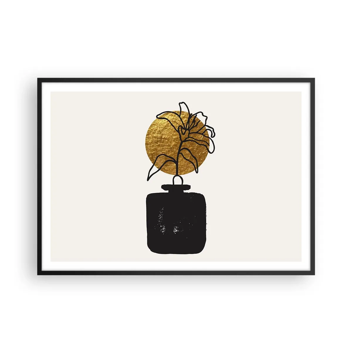 Póster en marco negro - Un dibujo de una flor en un jarrón sobre un fondo de círculo dorado. - 100x70cm - Belleza en equilibrio - Decoración de pared moderna para salón y dormitorio ARTTOR