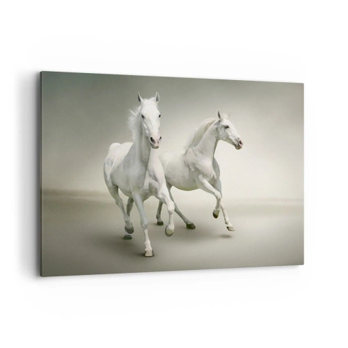Cuadro sobre lienzo - Impresión de Imagen - Dos caballos blancos galopando sobre un fondo claro - 120x80cm - ¡Poder blanco! - Decoración de pared moderna para salón y dormitorio ARTTOR