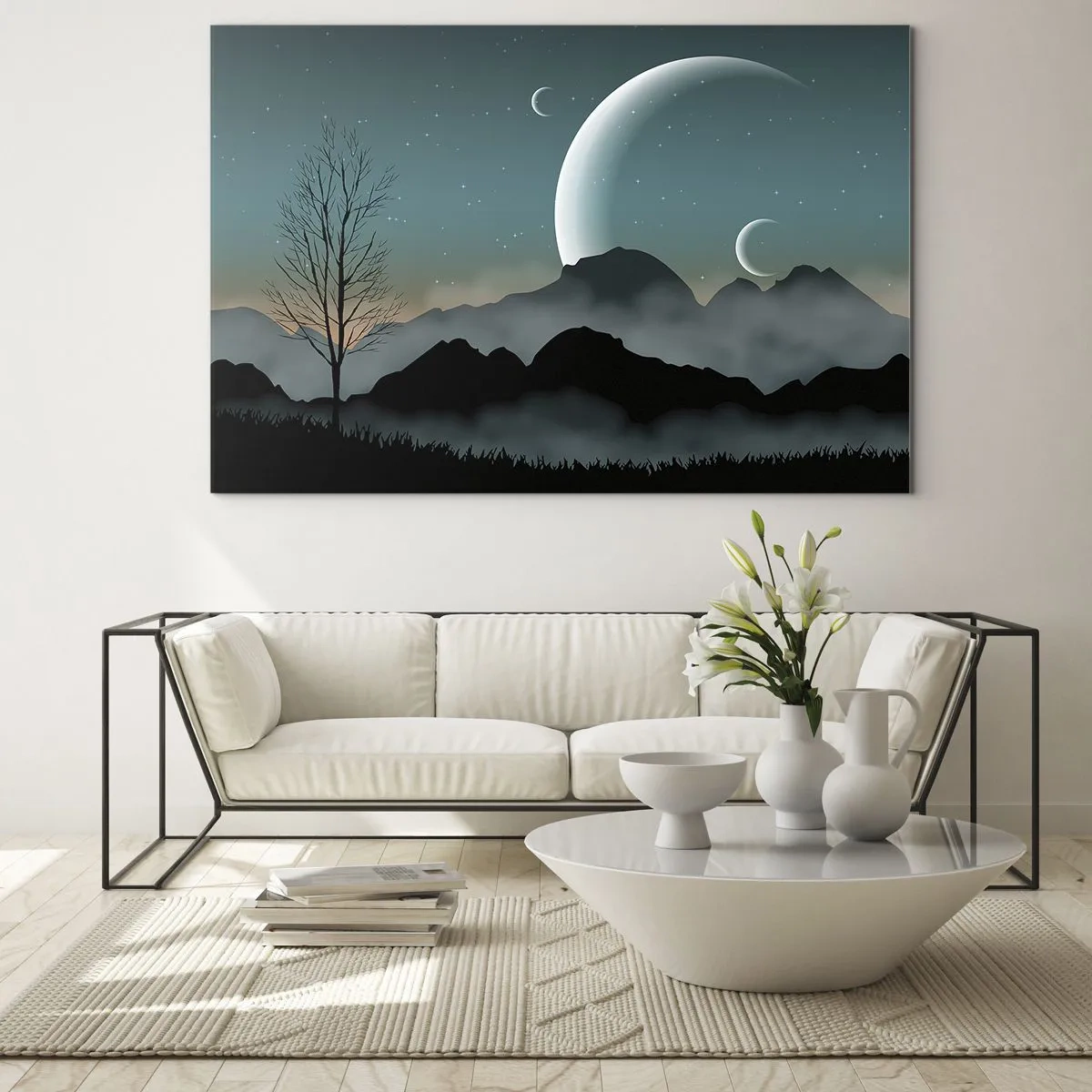 Cuadro sobre vidrio - Impresiones sobre Vidrio - Lunas sobre montañas con un árbol solitario y estrellas. - 70x50cm - Un carnaval de noche estrellada - Decoración de pared moderna para salón y dormitorio ARTTOR